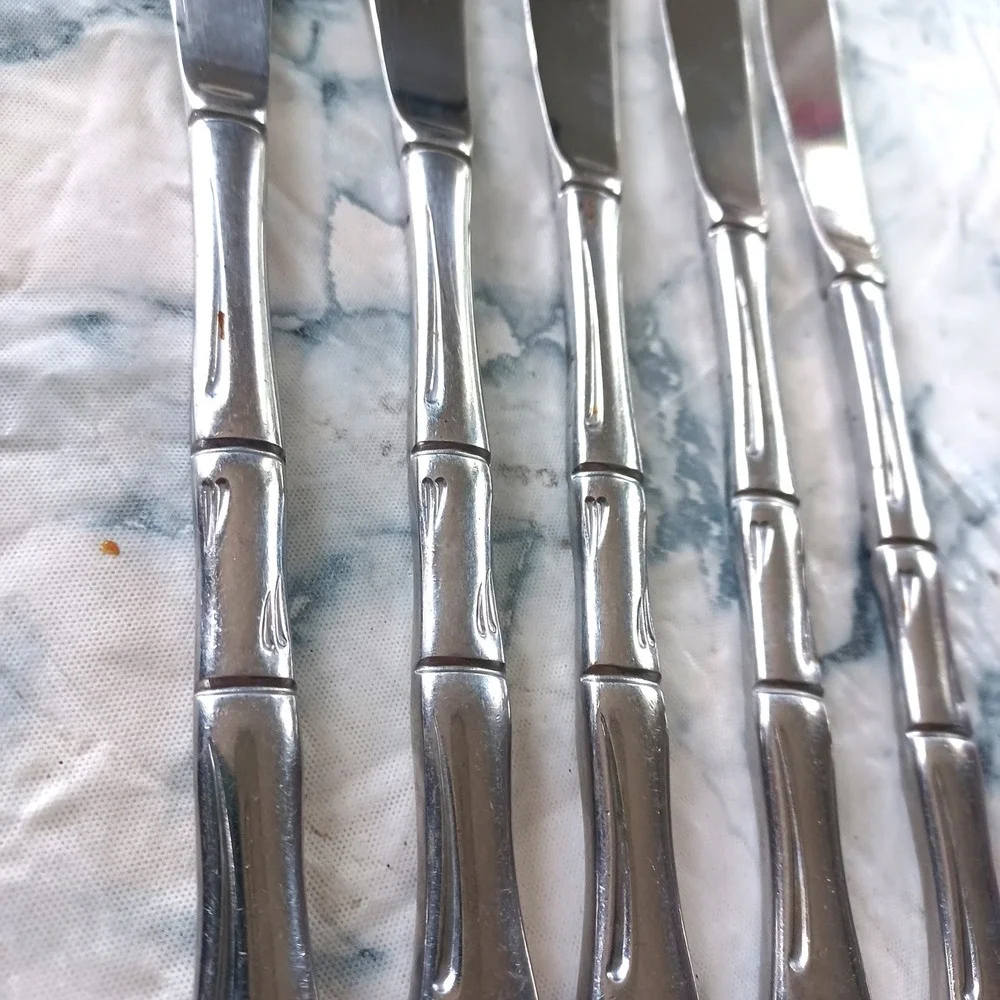 Vintage Faux Bamboo Stainless Steel Dinner Knives Silver Set of 5 Serrated Edge
